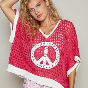 POL Pink and White Peace Crochet Open Knit Crop Top Sz L
